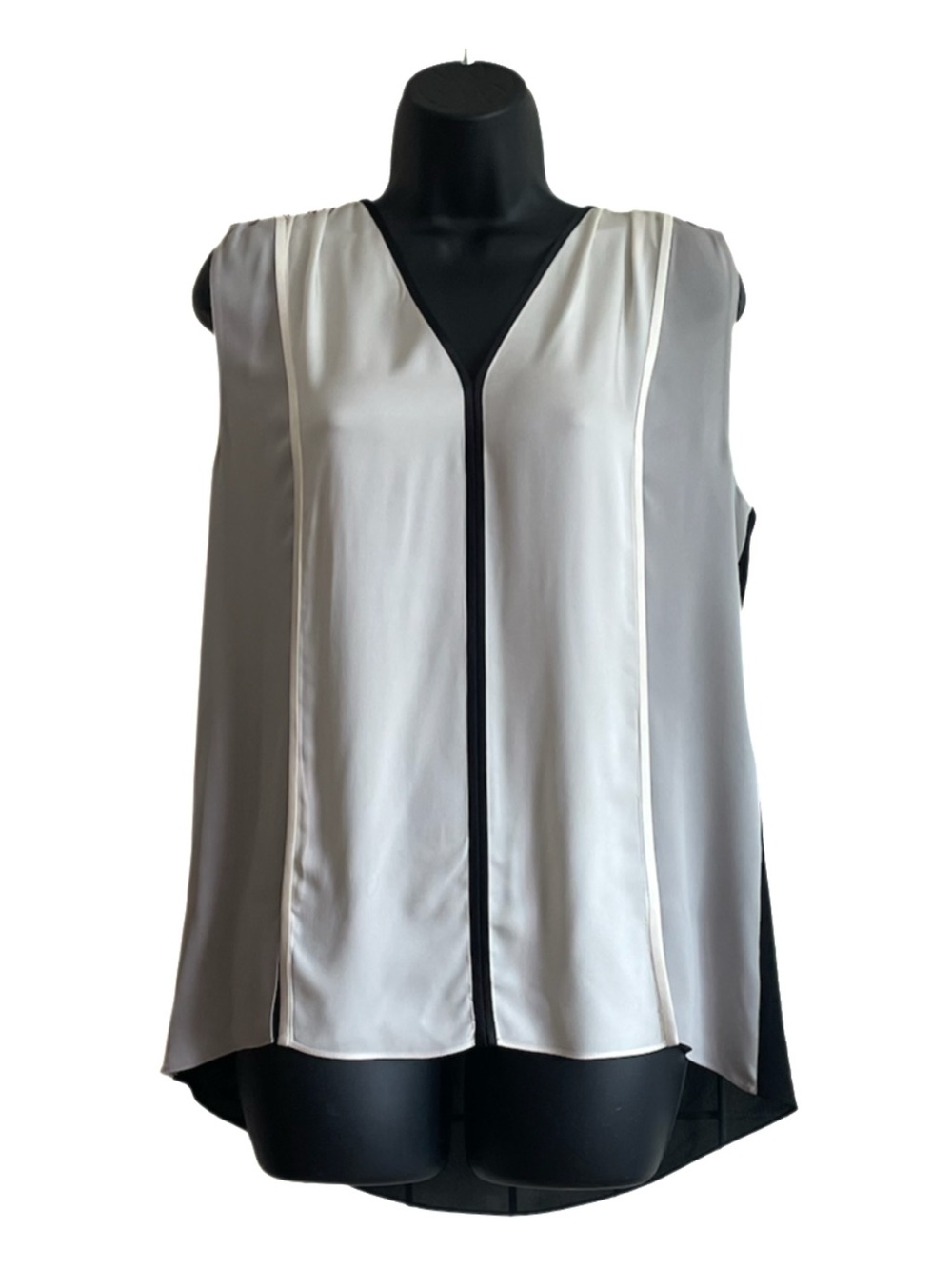 Elie Tahari Sleeveless V-Neck Colorblock Blouse - White & Gray & Black